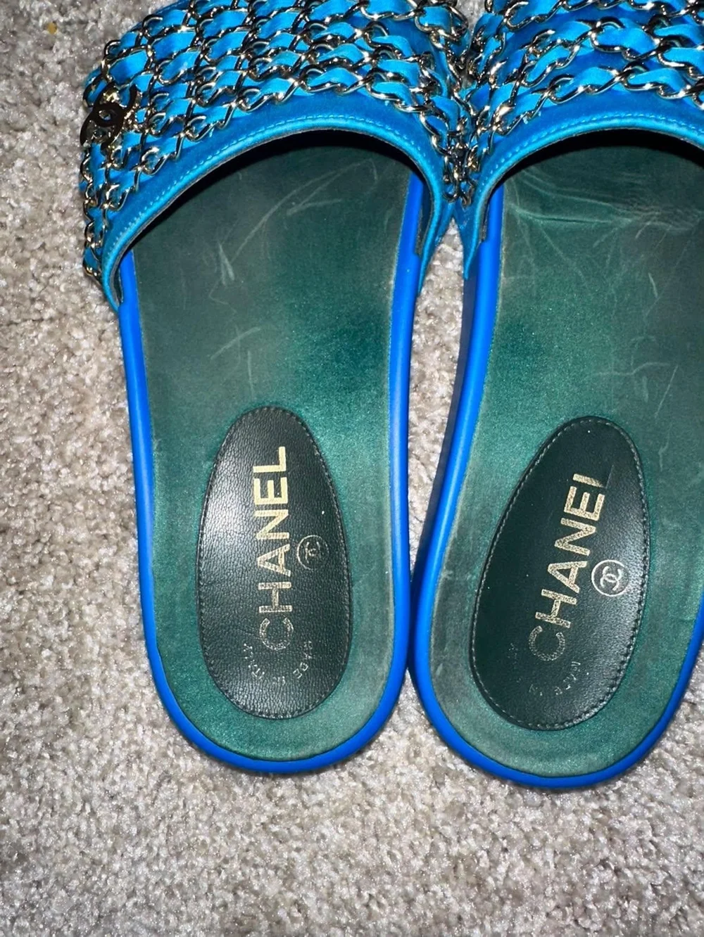 Chanel Blue Chain-Trim Slide Sandals